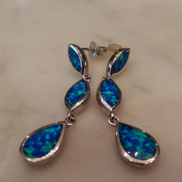 Vintage 925 Silver and Opal Resin Dangle Earrings - Picture 1 of 5